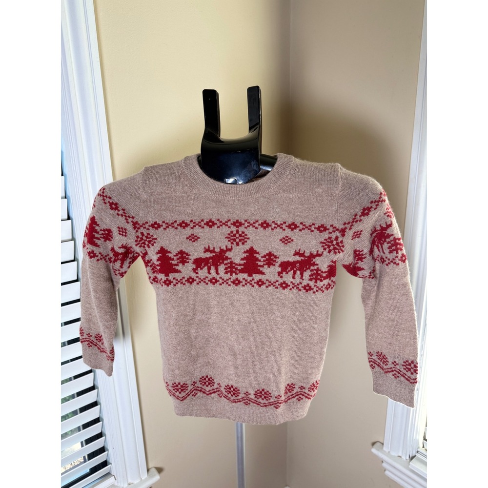 Quince Kids Mongolian Cashmere Fair Isle Christmas Sweater Oatmeal Red Size 6